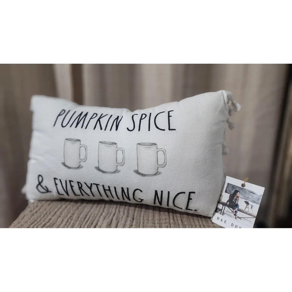 Rae Dunn Pumpkin Spice & Everything Nice Lumbar Pillow Cream Tassel Fall Decor